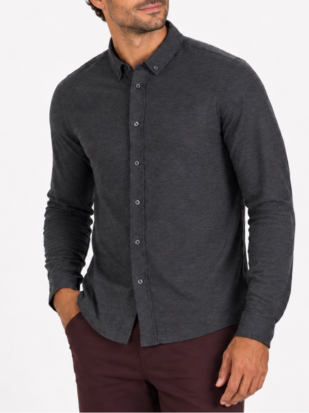 Vuori Strato Tech Long Sleeve Button Down Shirt Mens Medium Charcoal Heather